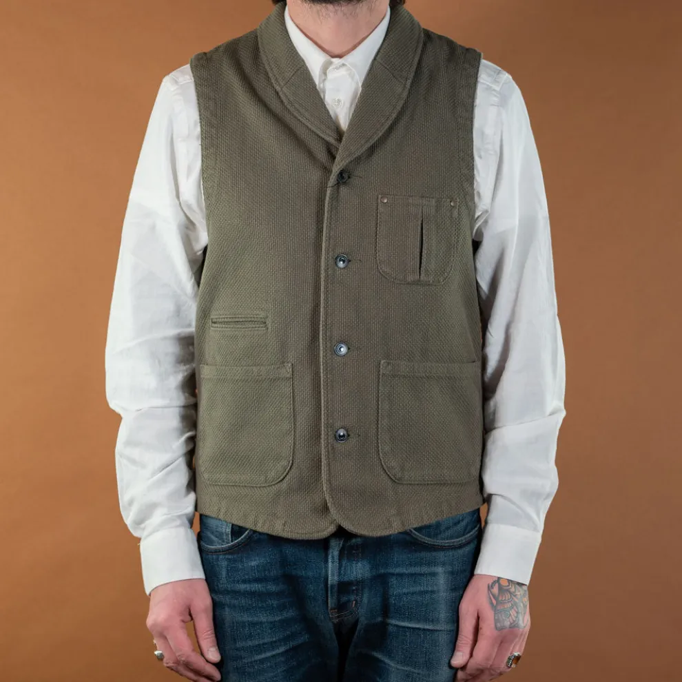 Sashiko Shawl Collar Vest Olive