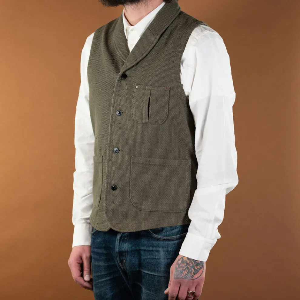 Sashiko Shawl Collar Vest Olive